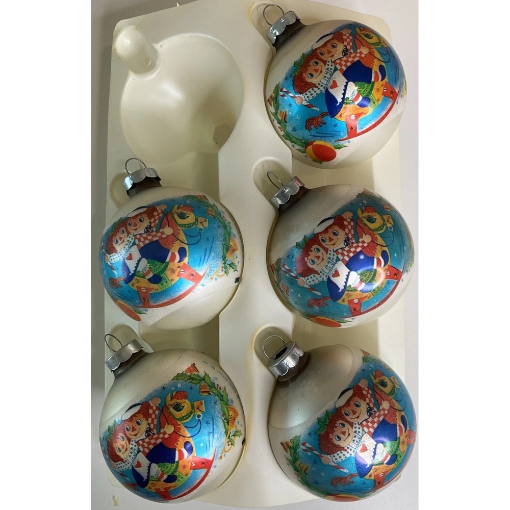 Vintage 1974‎ Corning Raggedy Ann & Andy Glass Christmas Ornaments Rocking Horse